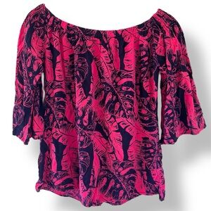 Hula Bay Off Shoulder Tropical Top Pink Leaf Print Vacation Island Vibes Size M